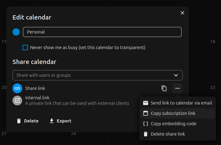 Screenshot of getting the URL from Nextcloud Calendar